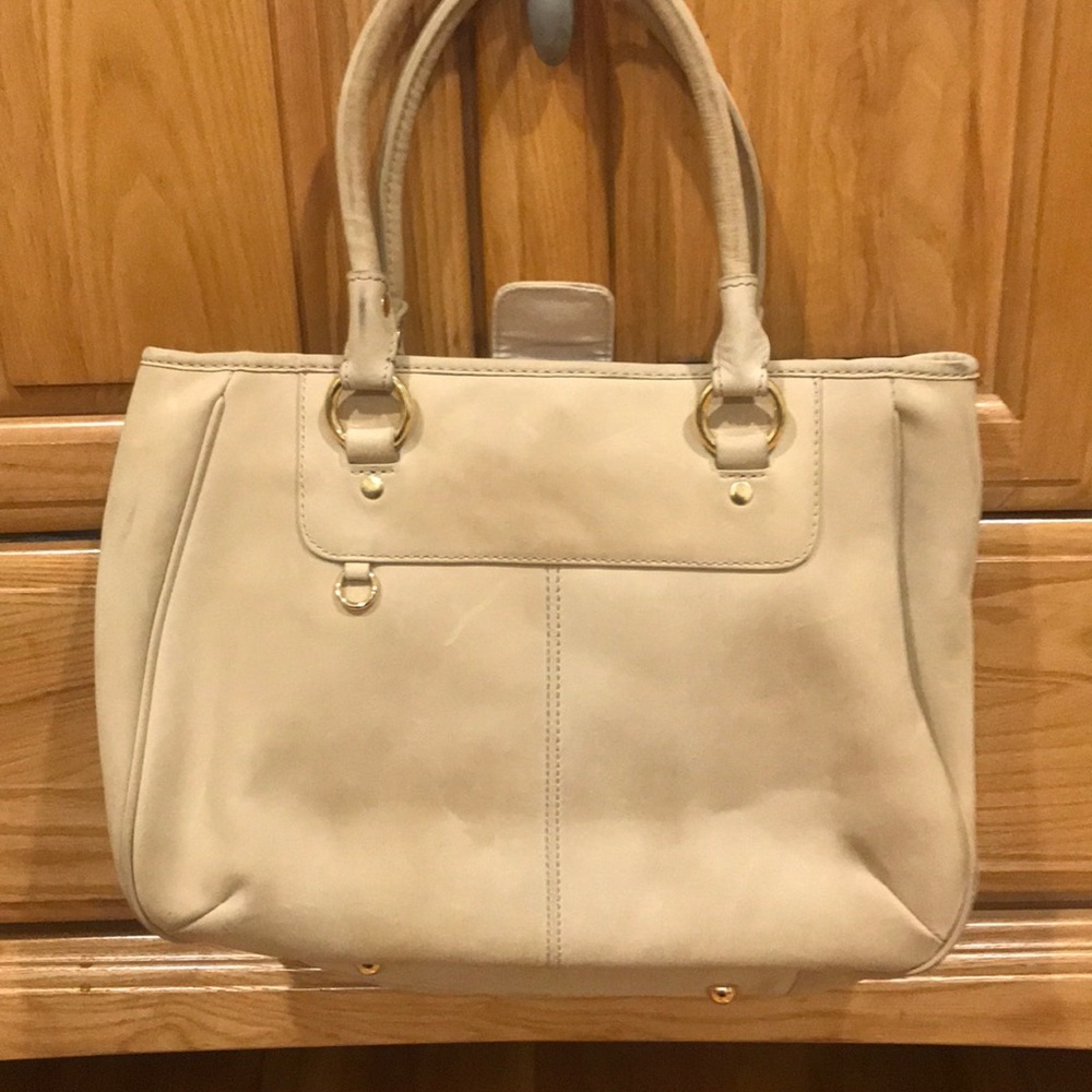 Light tan suede tote with 3 pockets
